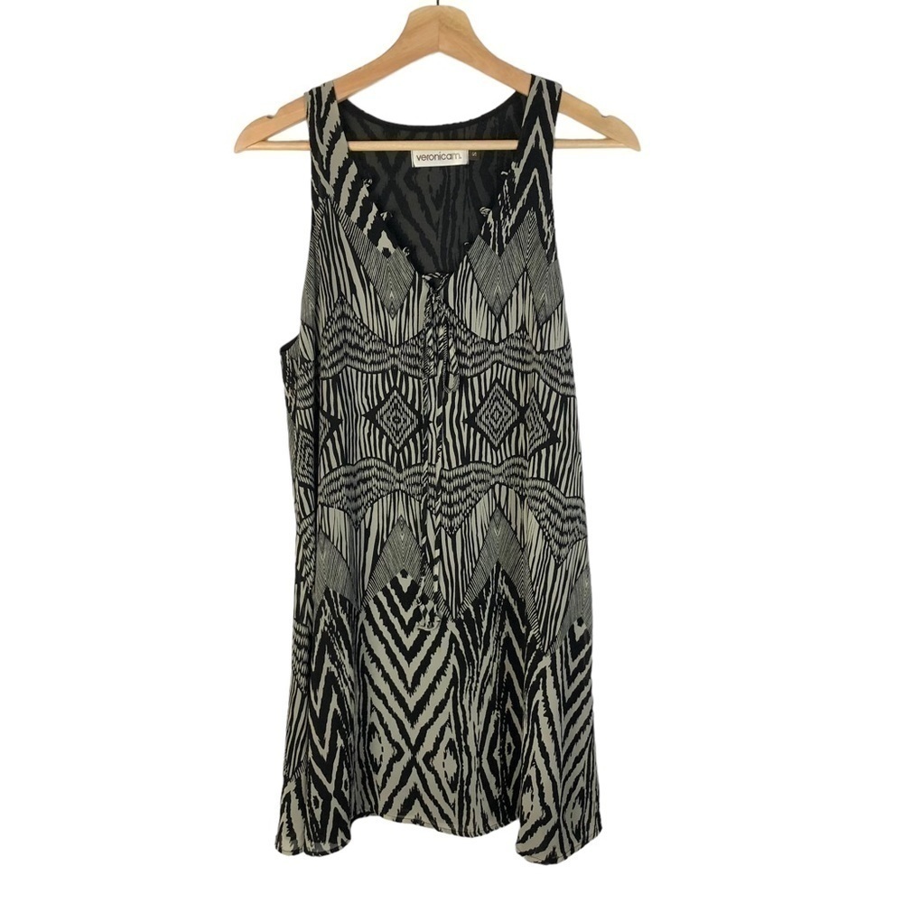 Veronica M Black & Beige Geometric Printed Tie Neck Mini Dress S